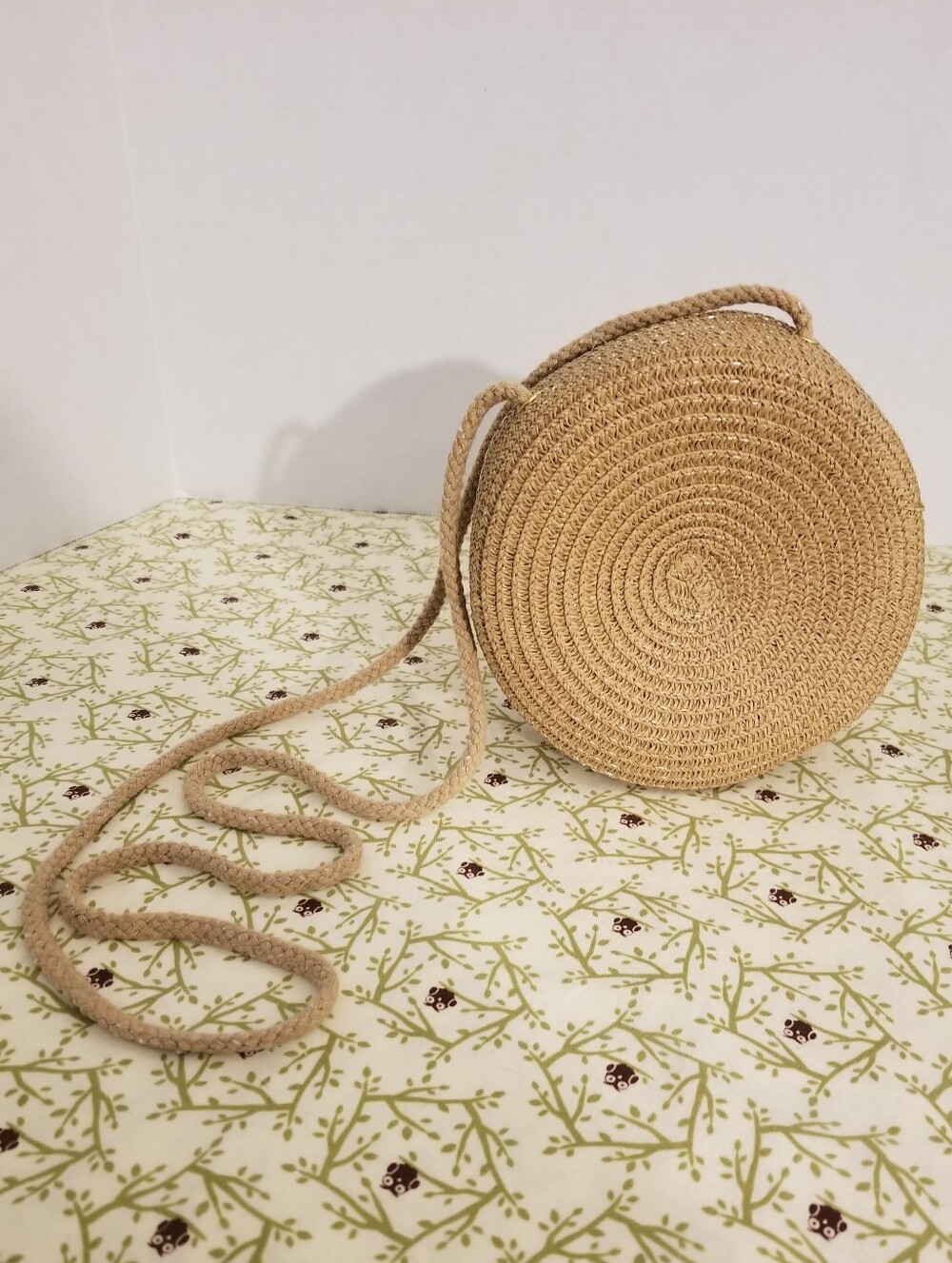 Woven Round Crossbody Bag in Natural Tan Beige Straw Color